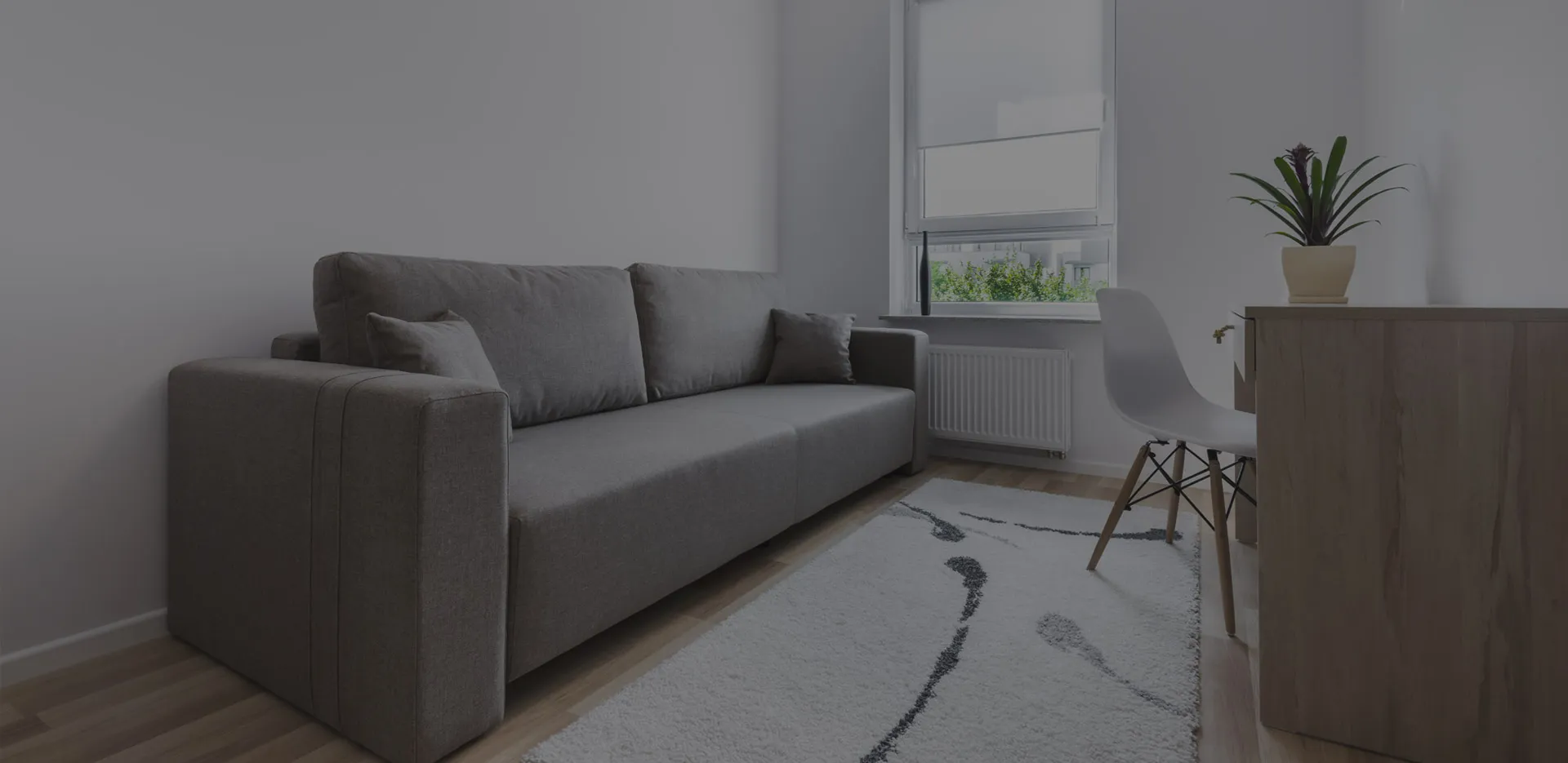 Modern living room with gray sofa white rug wooden desk and potted plant