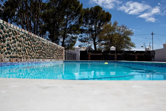Swimming pool with stone wall trees and blue sky in the background
