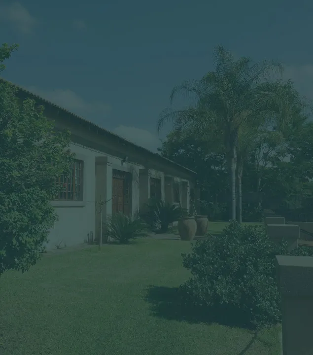Building with large windows palm trees and potted plants in a garden