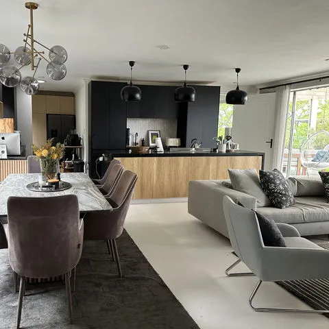 Modern openplan kitchen and living room with contemporary furniture and decor