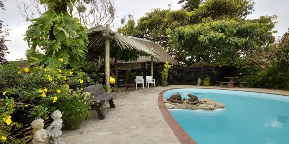 Tropical garden with pool gazebo bench and flowering plants