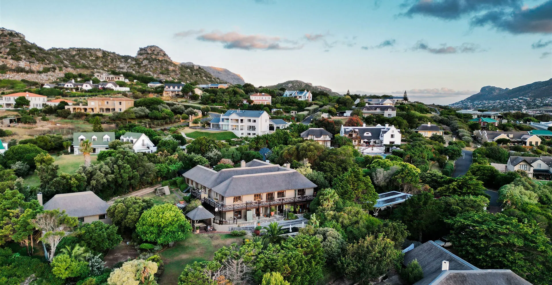 Aerial view of houses nestled among greenery with mountains in the background