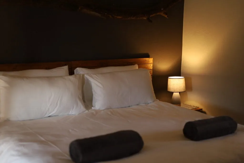Bed with white linens two pillows and a bedside lamp in a dark room