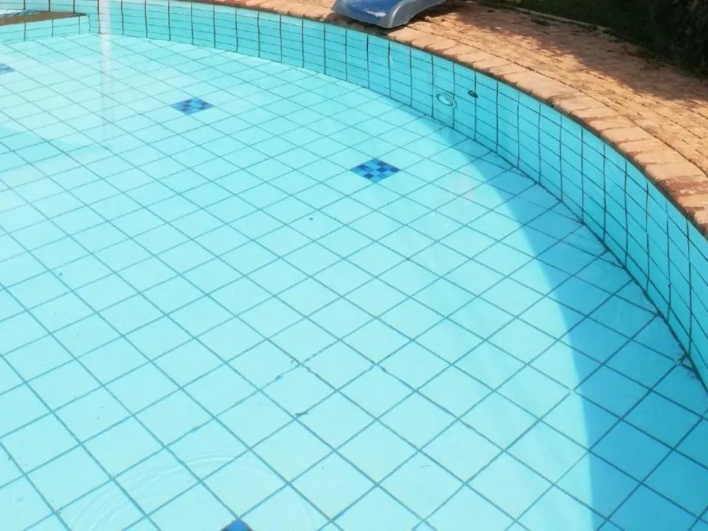 Empty swimming pool with blue tiles and a curved edge