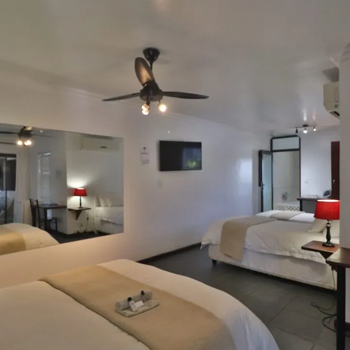 Hotel room with two beds ceiling fan mirror and wallmounted TV