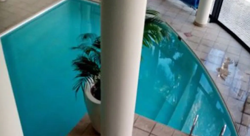 Indoor pool with white columns and potted plant beside it