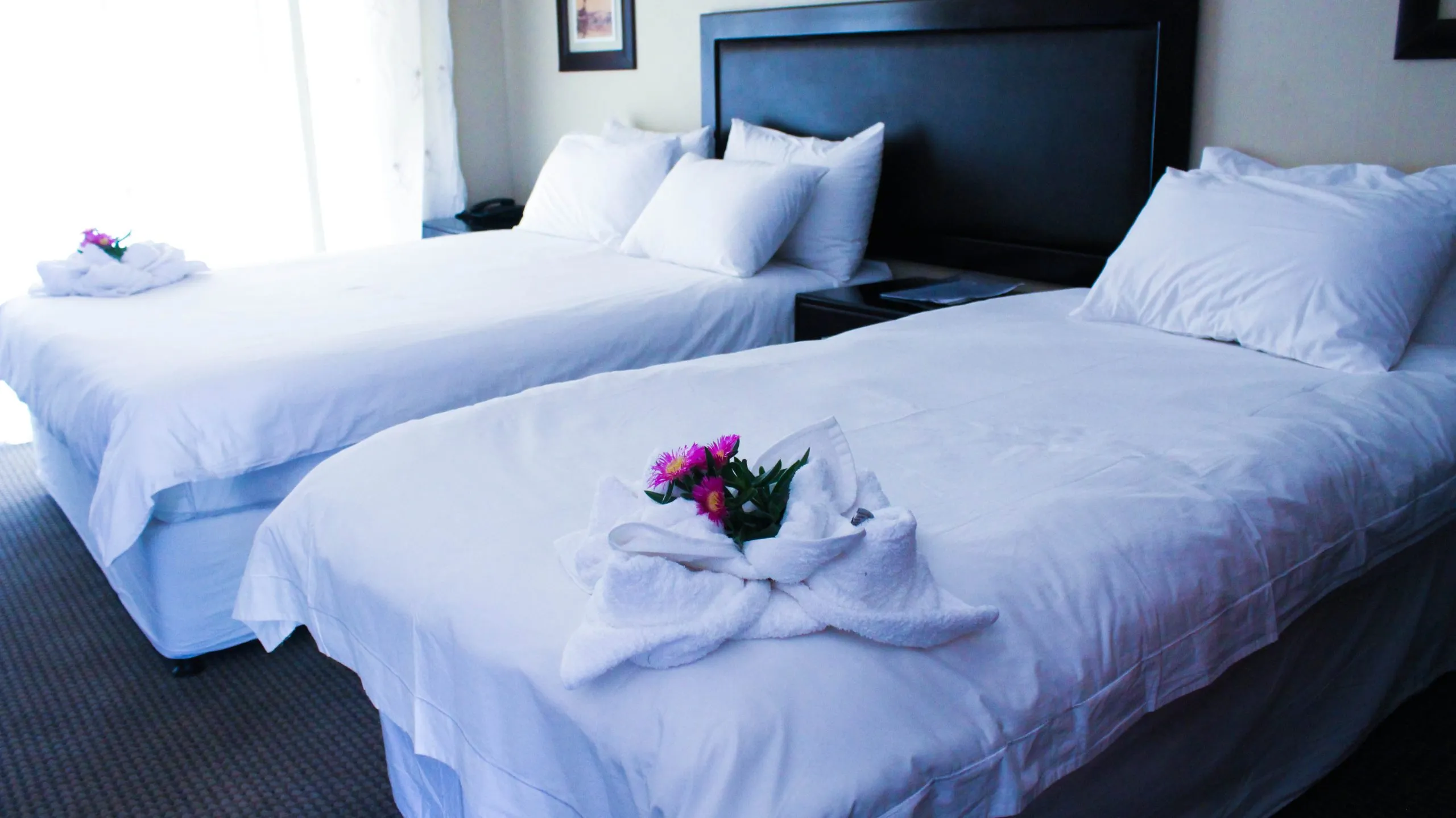 Two neatly made beds with towels and flowers in a hotel room