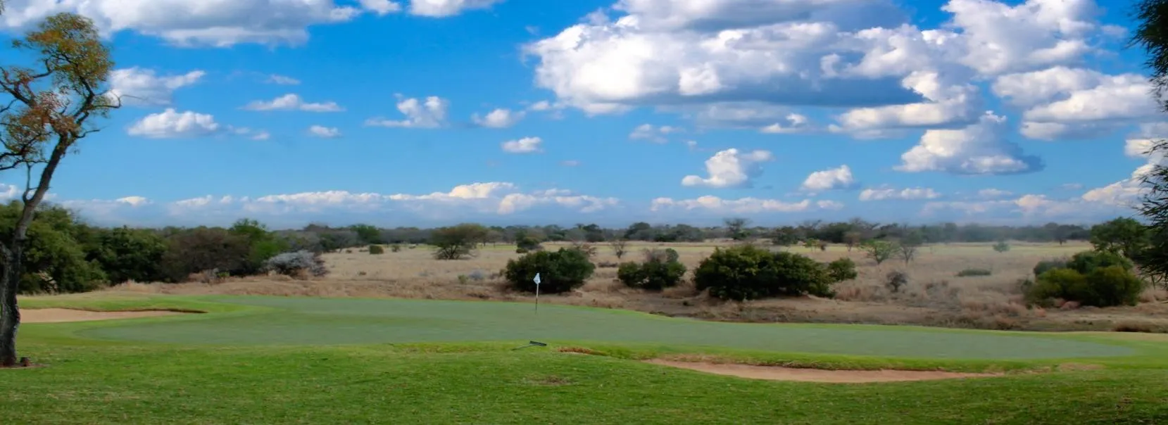 Golf course with green fairway trees and blue sky with scattered clouds