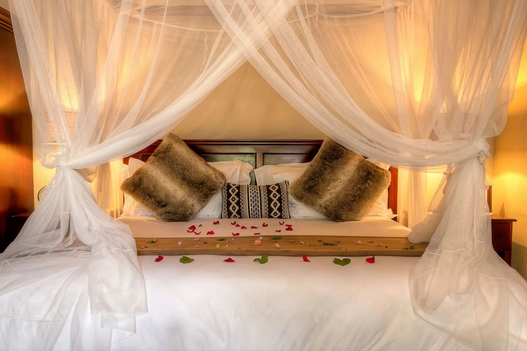 Romantic bed with canopy pillows and rose petals in a cozy room
