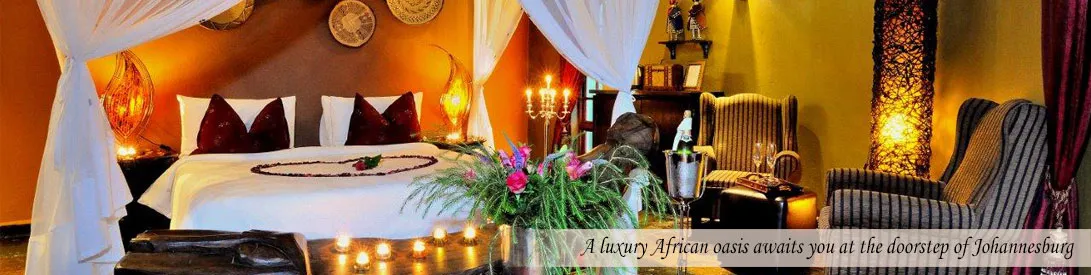 Luxury bedroom with African decor candles and flowers
