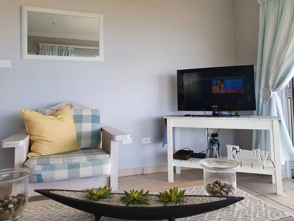 Armchair TV on stand mirror and potted plants in a living room
