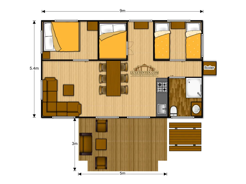 Topdown view of a small cabin layout with furniture and dimensions