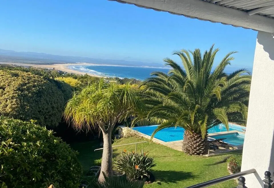 View of a pool palm trees and beach from a house balcony