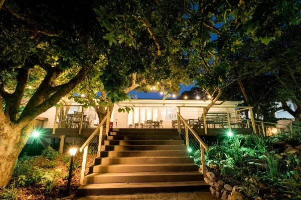 Outdoor patio with steps leading up to a house surrounded by trees and lights