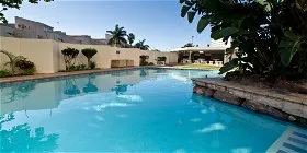Swimming pool with lounge chairs and tropical plants in a sunny courtyard