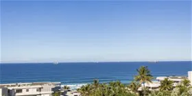 Ocean view with buildings and palm trees in the foreground