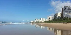 Beach with highrise buildings in the background under a clear blue sky