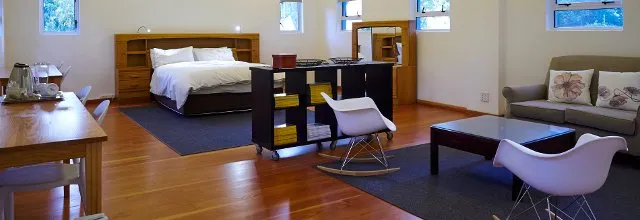 Modern studio apartment with bed dining area and seating on wooden floor