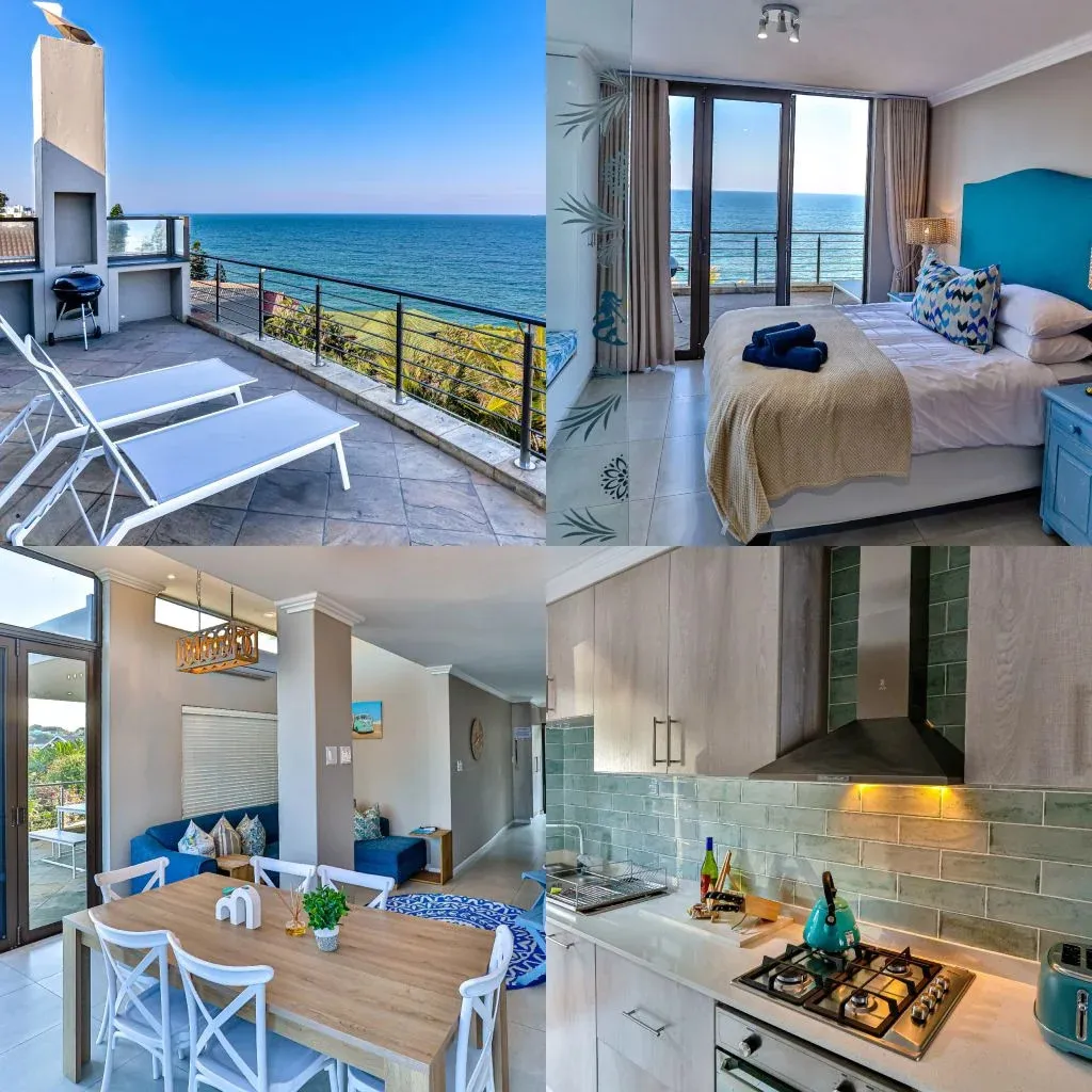 Collage of modern home interiors and ocean view from a balcony