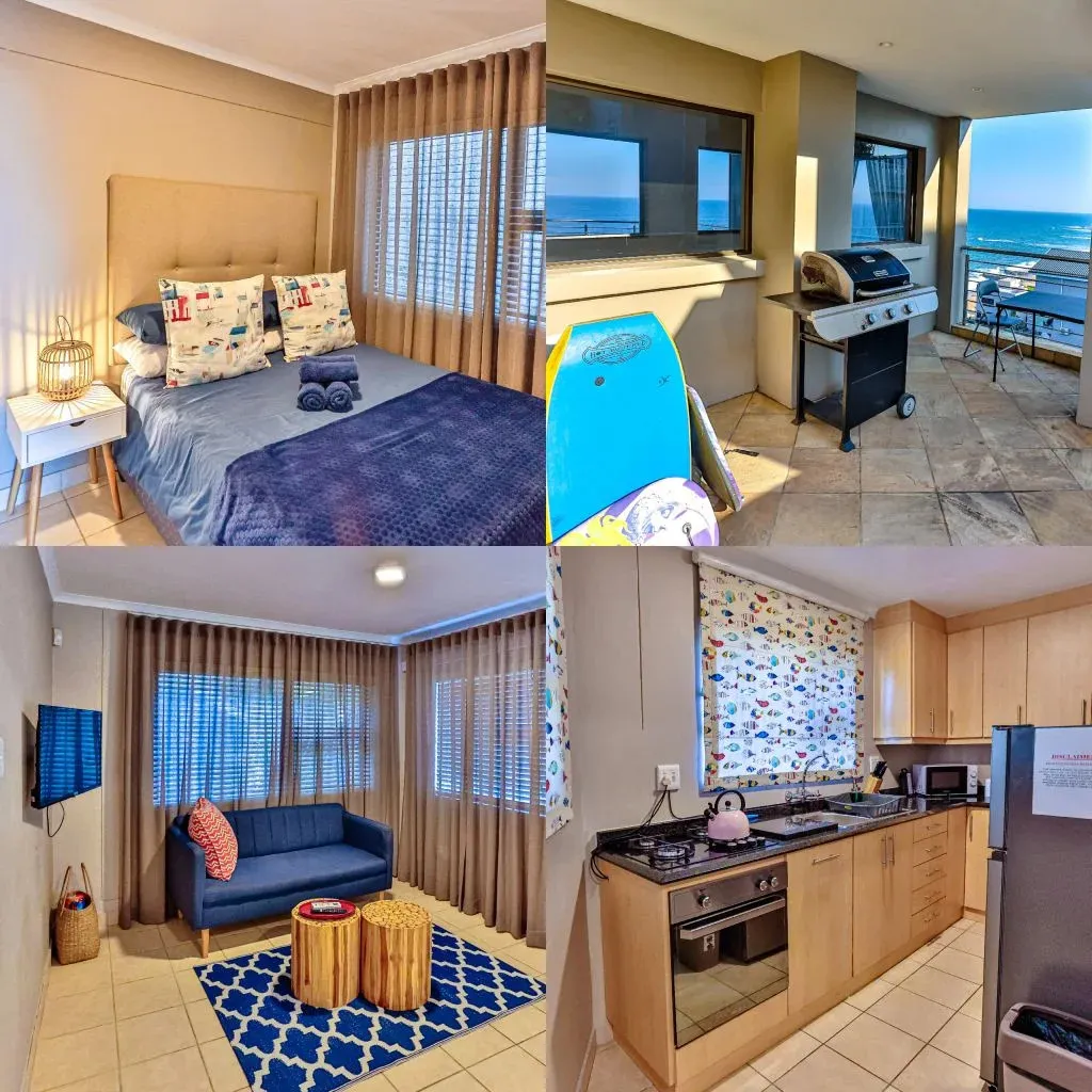 Collage of a bedroom balcony with ocean view and kitchen with colorful decor