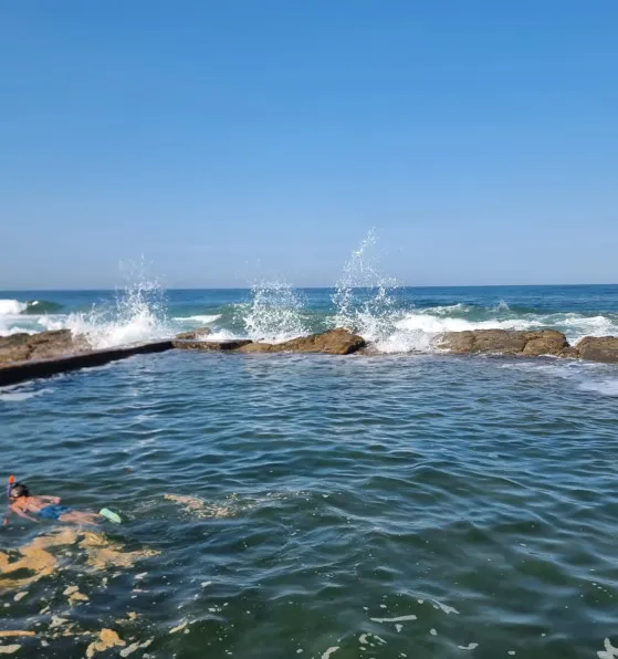 Ocean pool with waves crashing against rocks under a clear blue sky