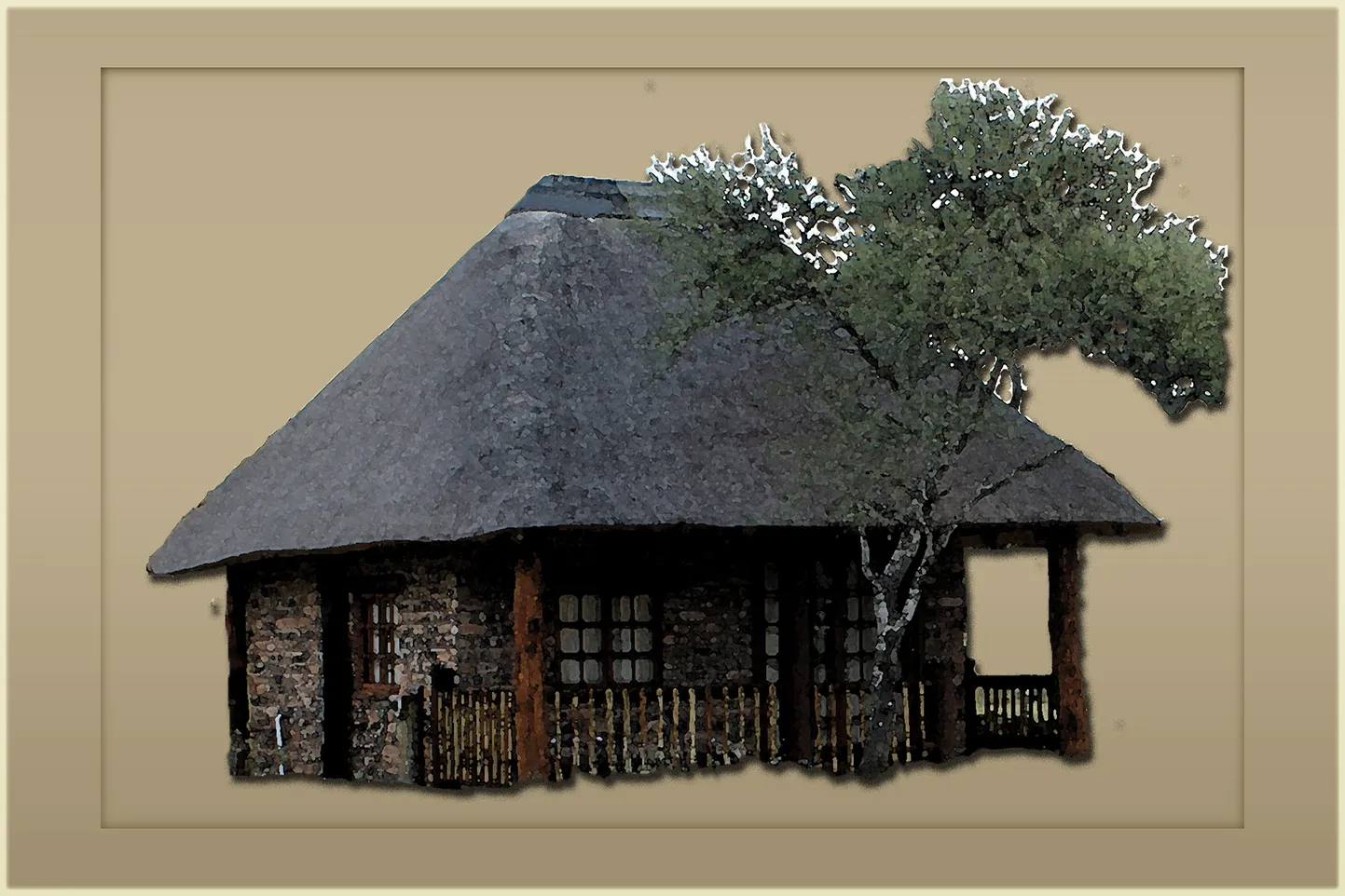 A traditional thatchedroof house with a tree in front