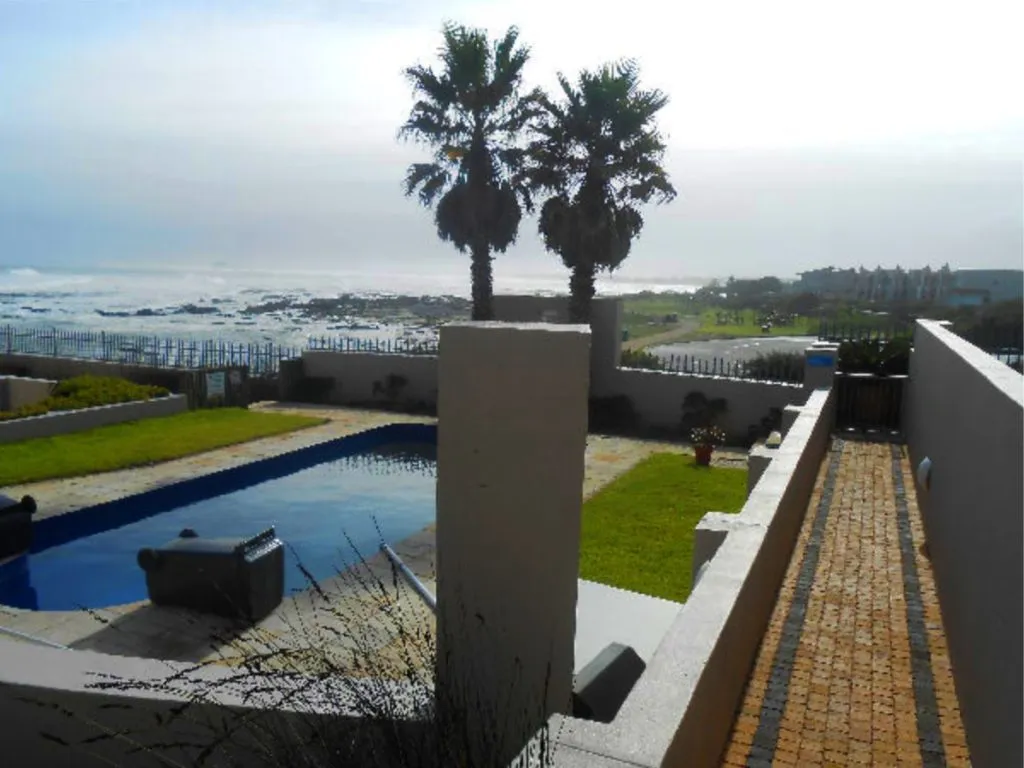 Swimming pool with palm trees overlooking the ocean and a grassy area