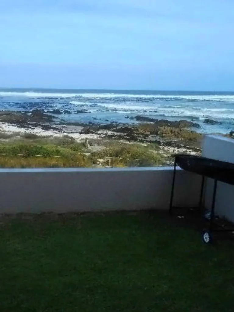Ocean view from a patio with a grill and green grass