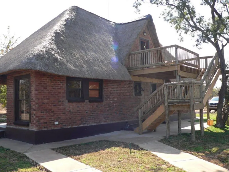 Brick house with thatched roof wooden stairs and surrounding greenery