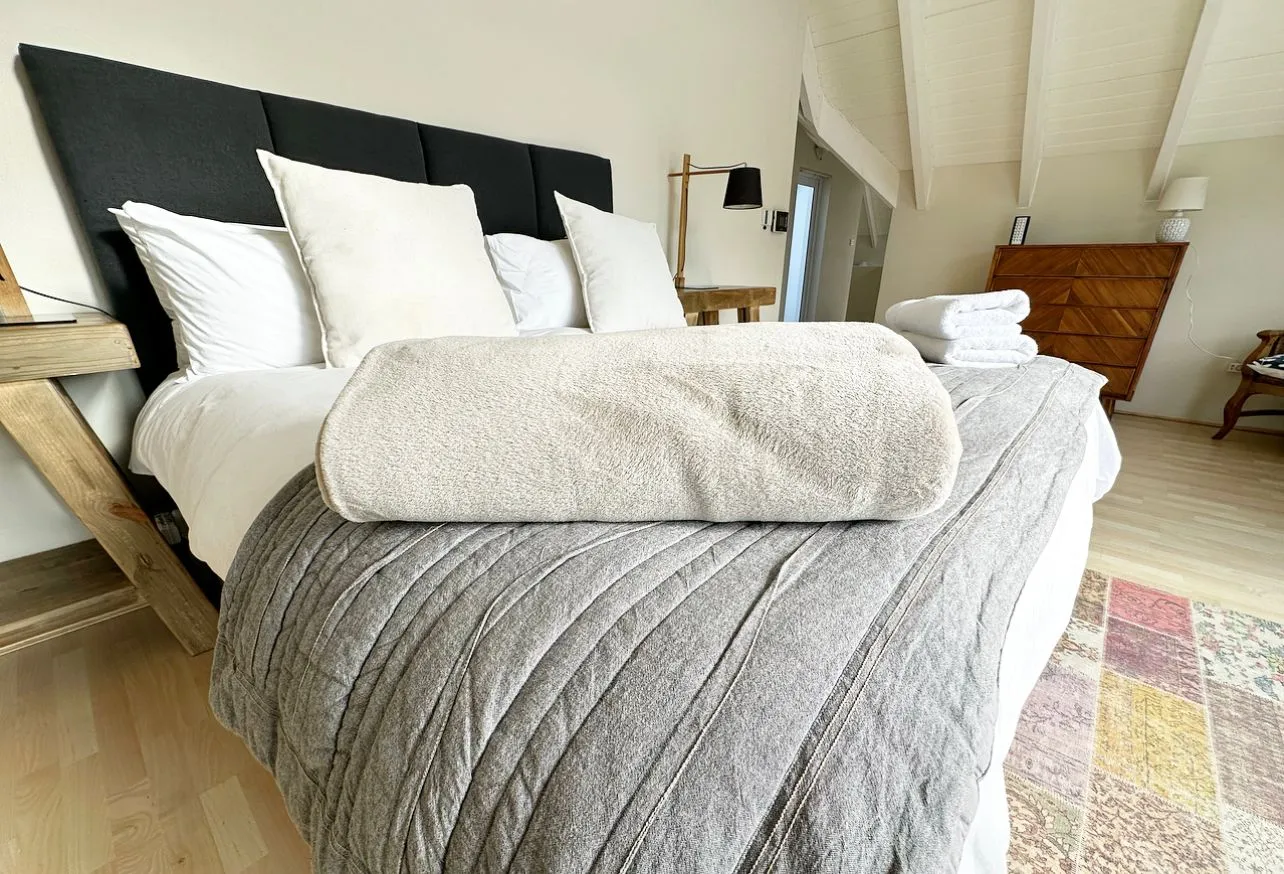 Cozy bedroom with a large bed pillows and a wooden nightstand