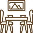 Brown dining table with two chairs and a framed mountain picture on the wall