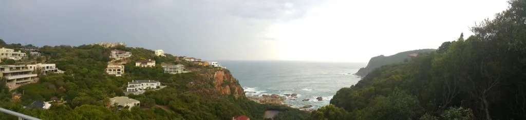 Houses on a green hillside overlooking a rocky coastline and ocean