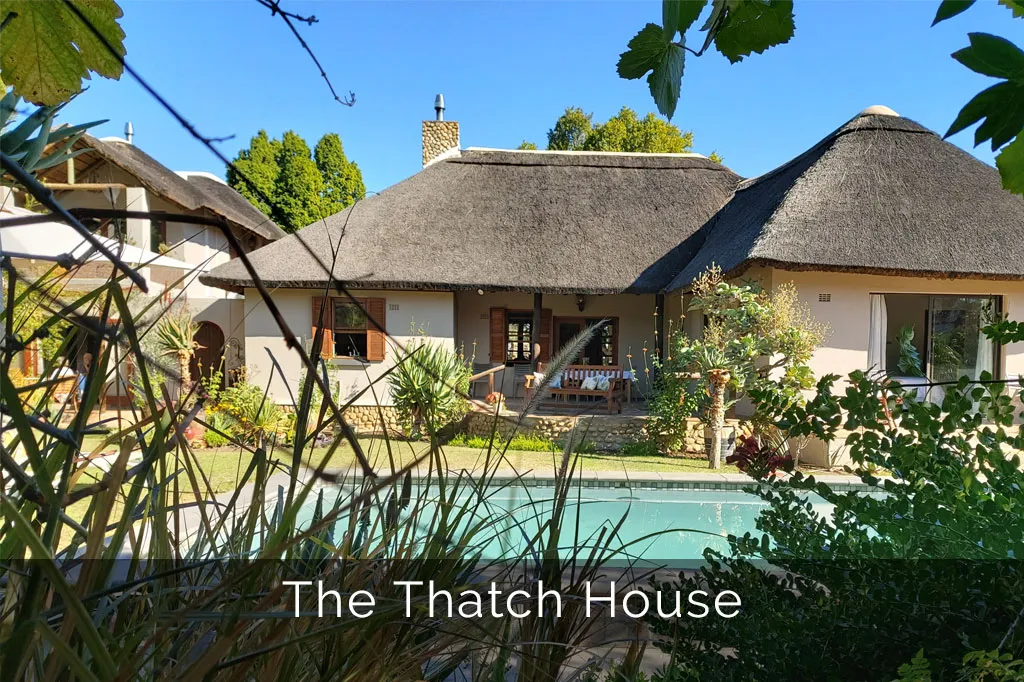 A thatched house with a swimming pool and garden in a sunny setting