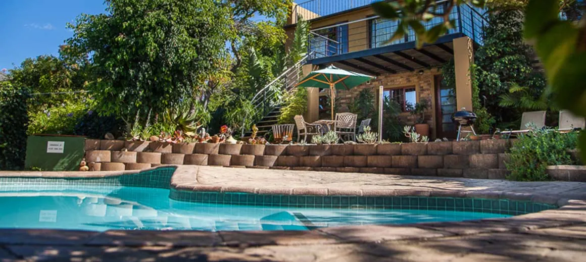 Swimming pool with patio seating area and lush greenery in a backyard