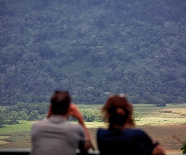 Two people looking at a lush green mountainous landscape from a distance