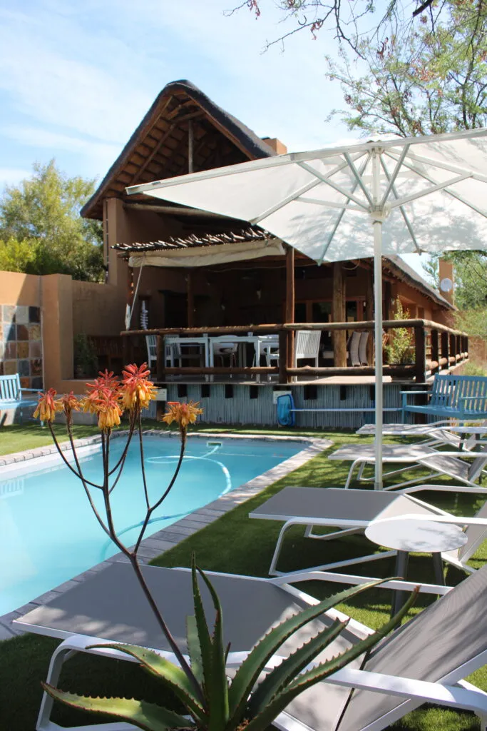 Swimming pool with lounge chairs umbrella and potted plant in front of a house