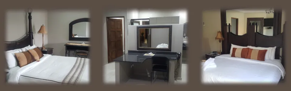 Three different views of a bedroom with a bed desk and decor