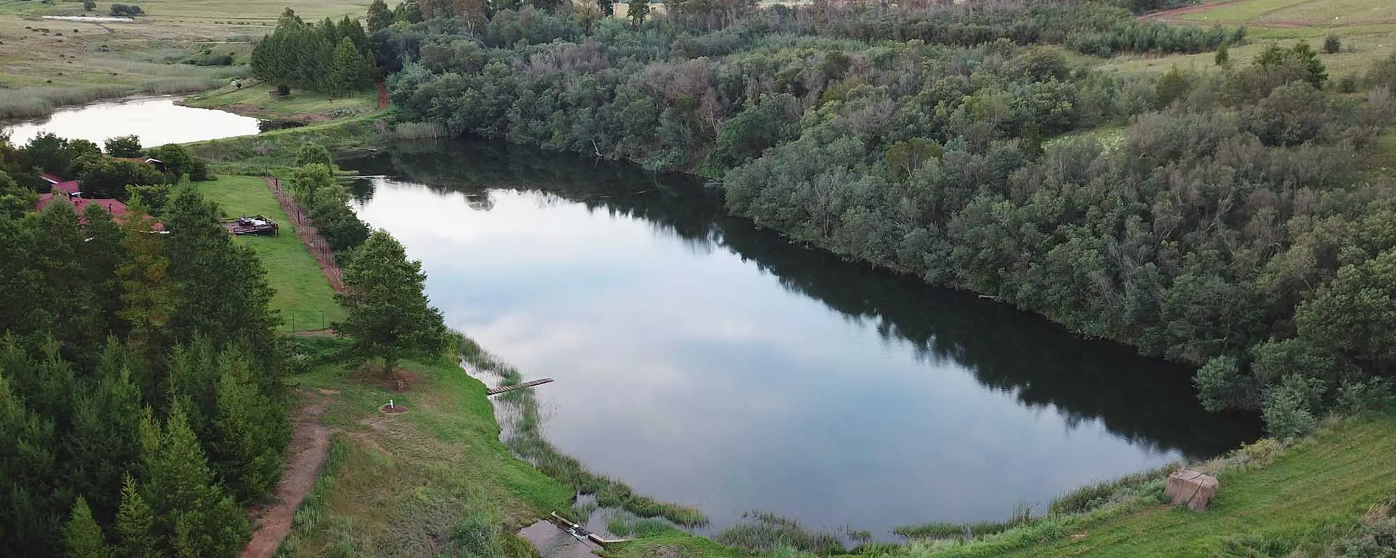 Aerial view of a serene lake surrounded by dense forest and grassy areas