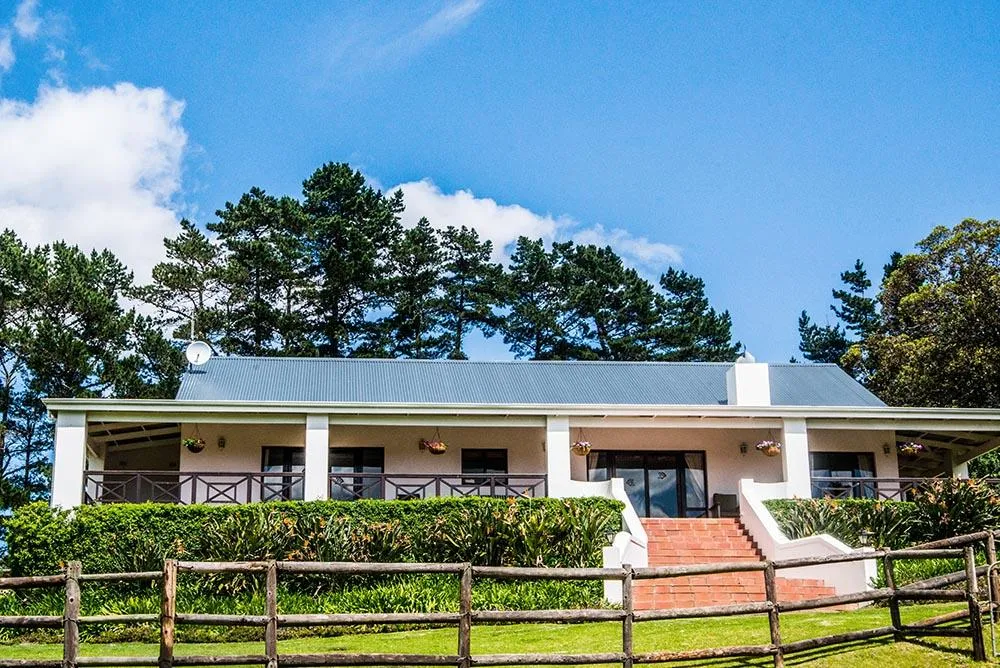 A singlestory house with a blue roof and wooden fence in front