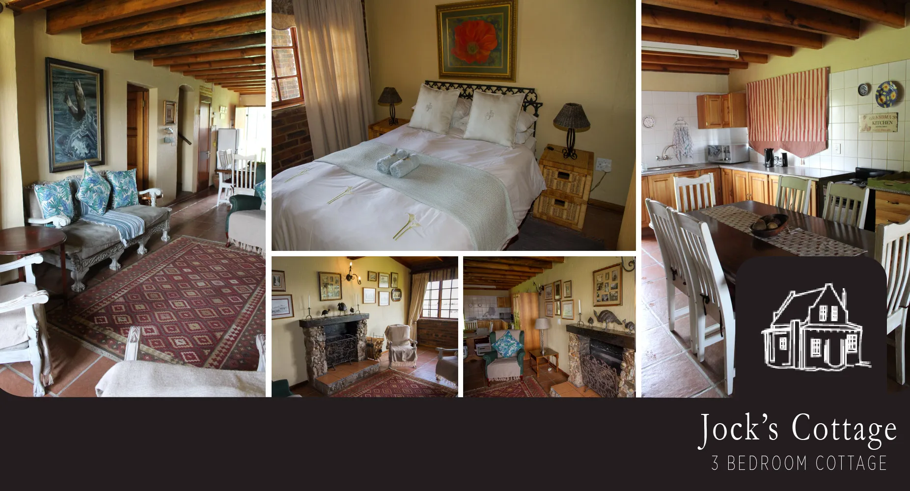 Collage of a cozy furnished cottage interior with a dining area and bedrooms