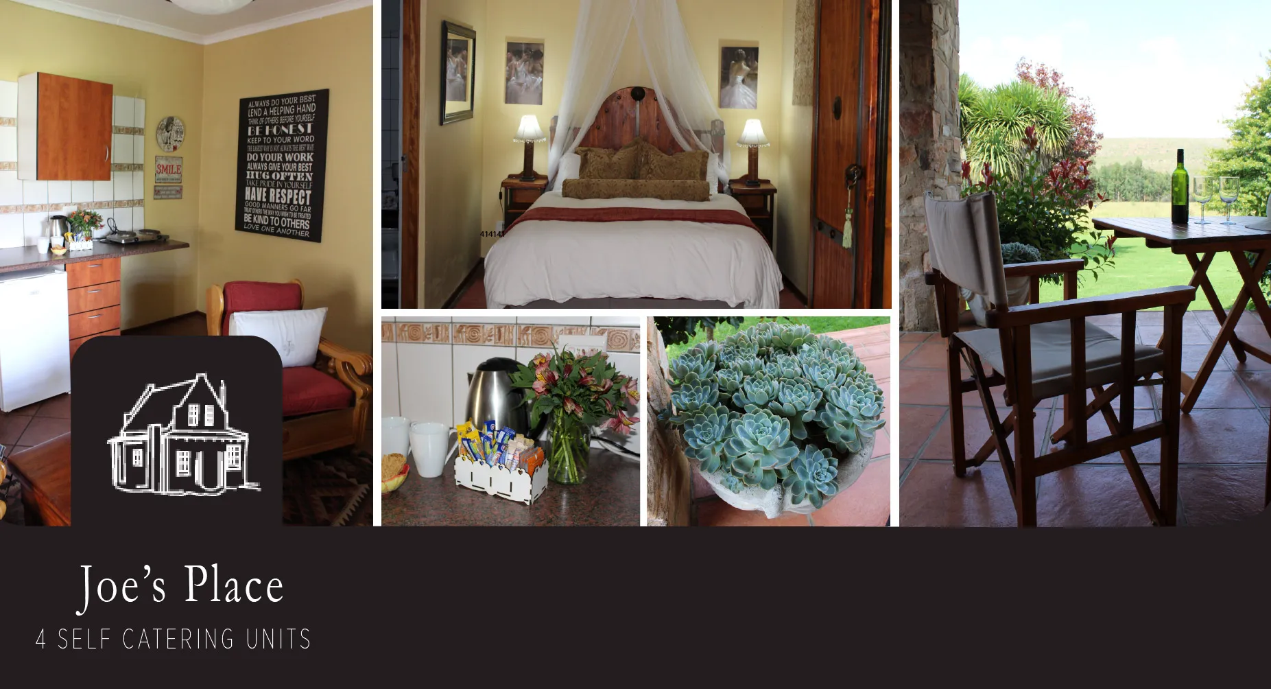 Collage of cozy rooms plants and outdoor seating at Joes Place catering units