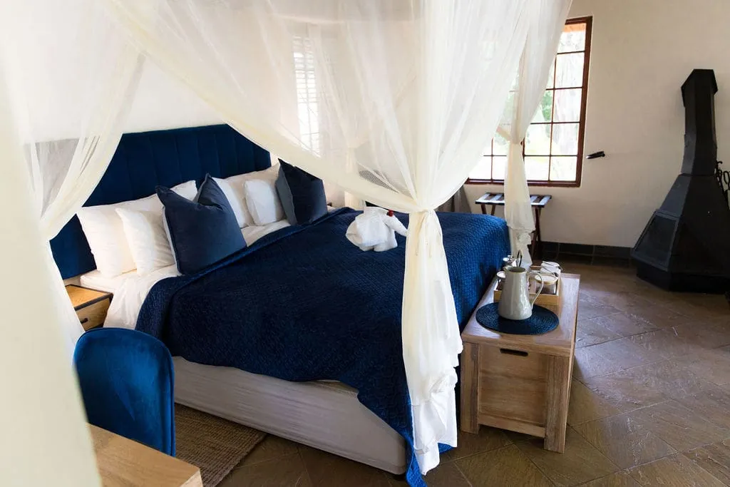 Bedroom with a large bed blue bedding and a mosquito net