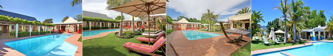 Four different views of a resort with pools lounge chairs and tropical landscaping