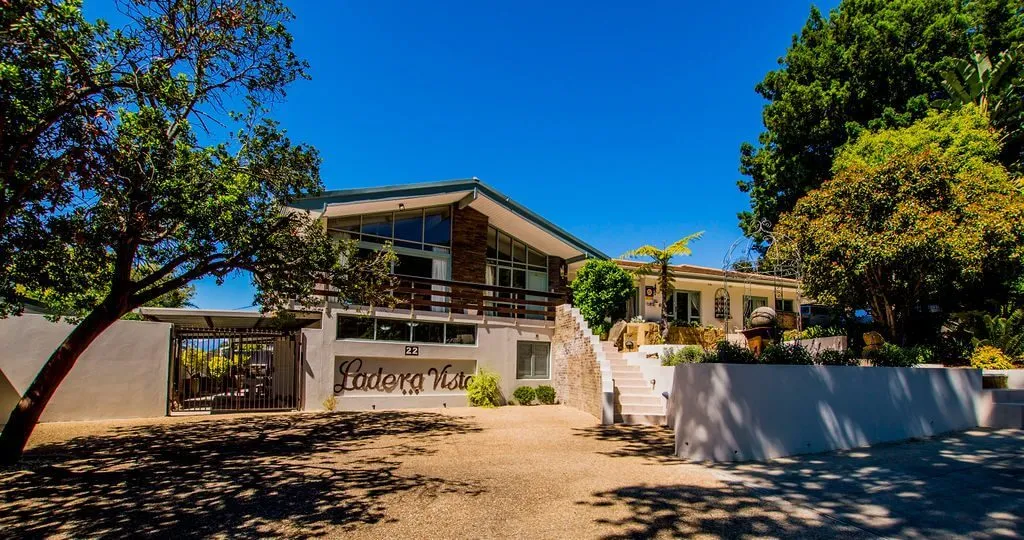 Modern house with garden and trees under a clear blue sky