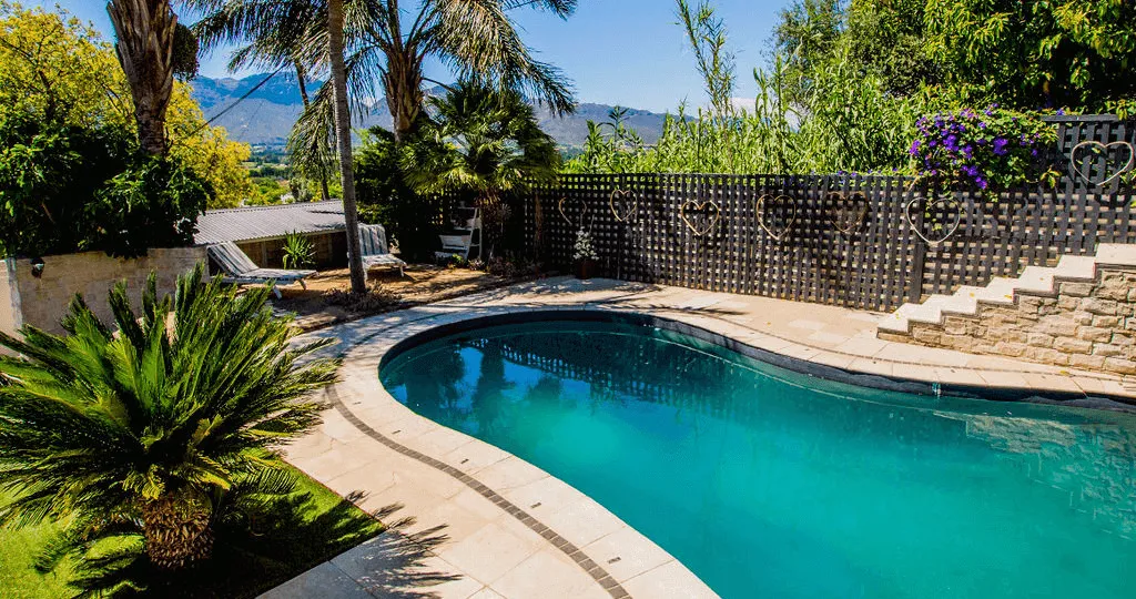 Swimming pool surrounded by palm trees and mountains in the background