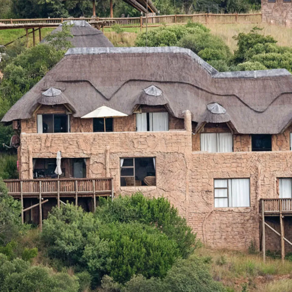 Stone building with thatched roof in a lush green landscape