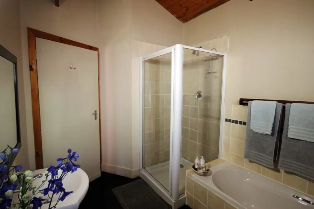 Bathroom with a shower bathtub and blue flowers on the sink