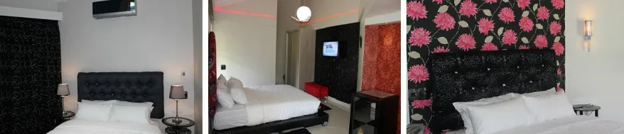 Three different bedroom designs with black headboards and white bedding