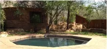 Small pool in a backyard with trees and a brick building