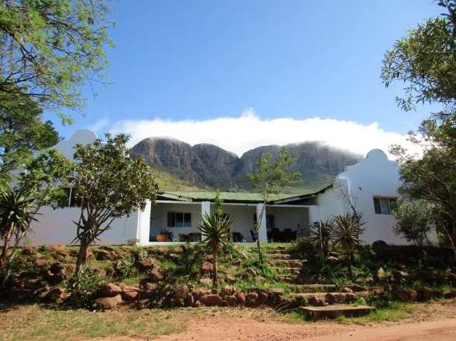 White house with green roof surrounded by plants and trees mountains in background